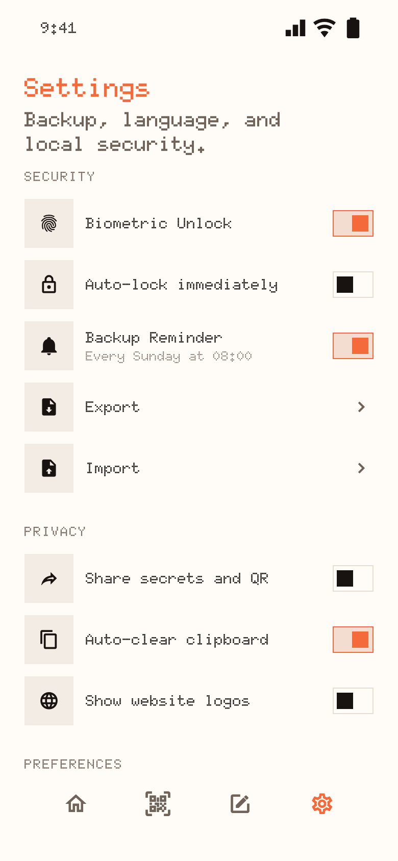 Settings: biometric unlock, auto-lock, backup reminders and privacy switches