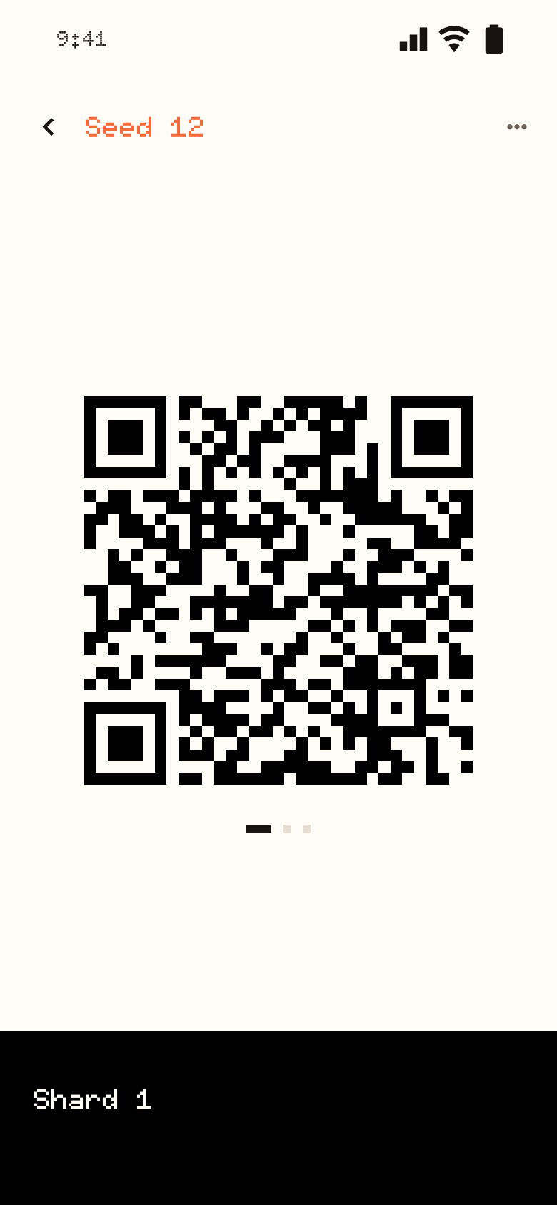 Shard 1 of a seed phrase, shown as a QR code