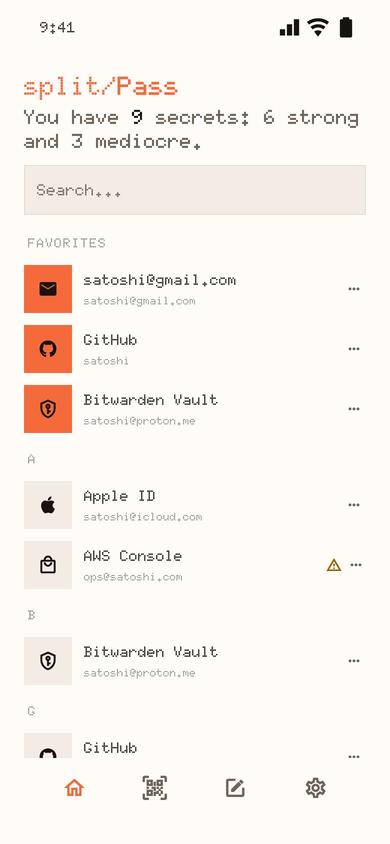 The vault: a list of saved secrets with favorites first